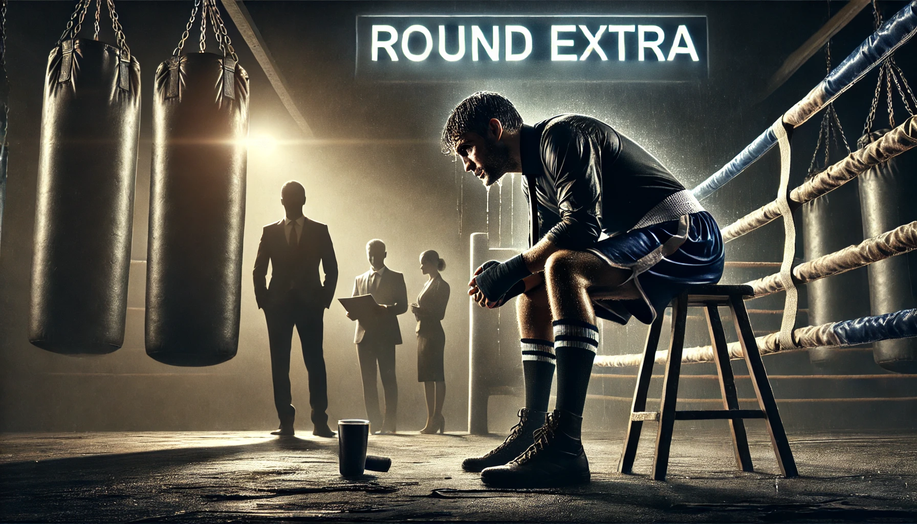 Imagem motivacional de um boxeador exausto sentado no canto de um ringue de boxe escuro, simbolizando superação e persistência. Ao fundo, a silhueta de uma equipe corporativa representa liderança e trabalho em equipe no mundo dos negócios