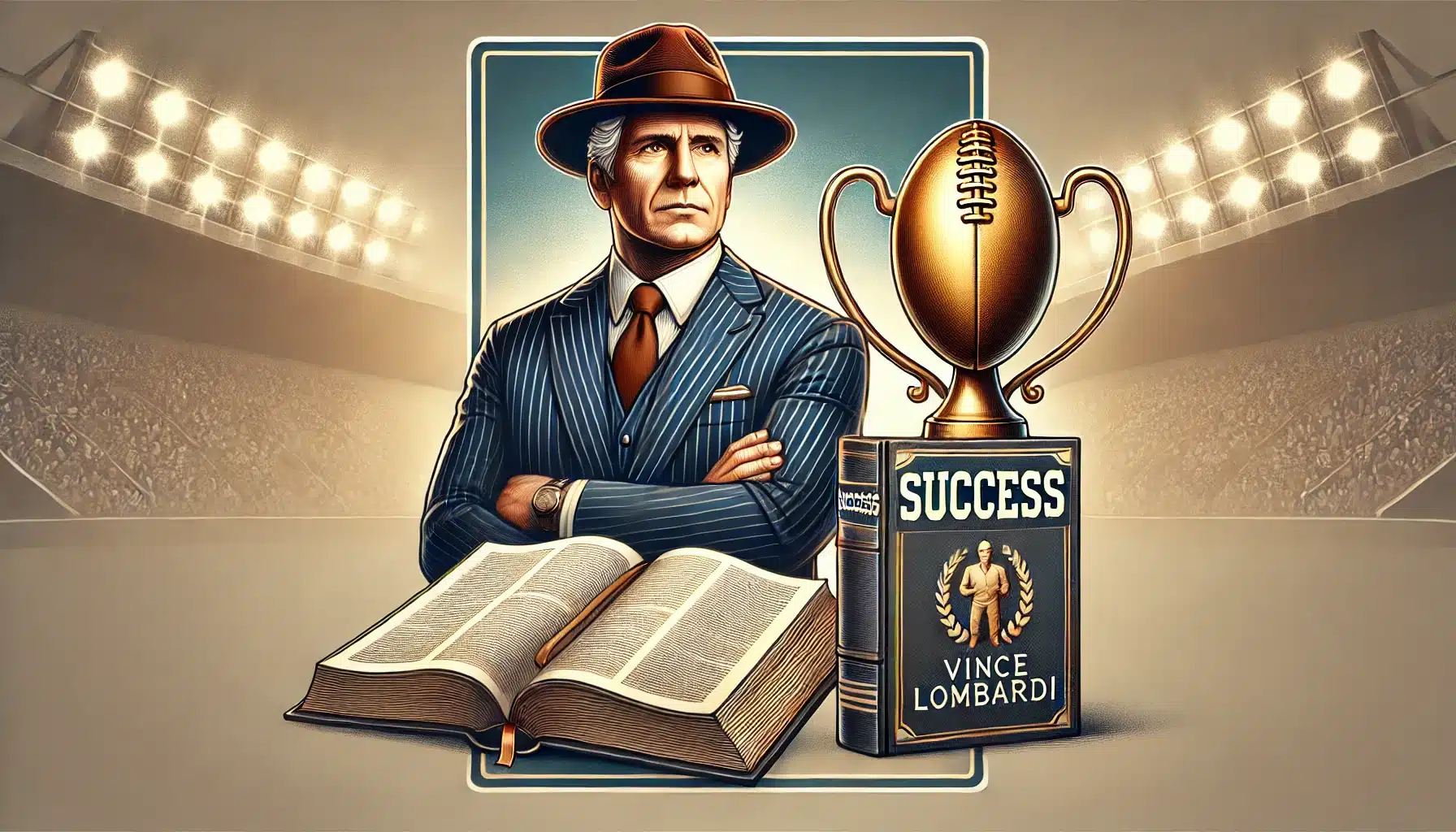 Ilustração de um homem mais velho com terno risca de giz e chapéu marrom ao lado de um dicionário aberto e um troféu dourado com a palavra “Success” escrita na base.