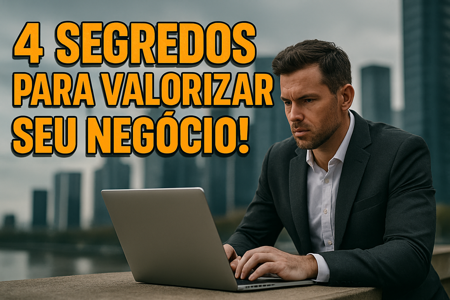 Empresário moderno em terno trabalhando em notebook com fundo urbano, representando estratégia para valorizar negócios.