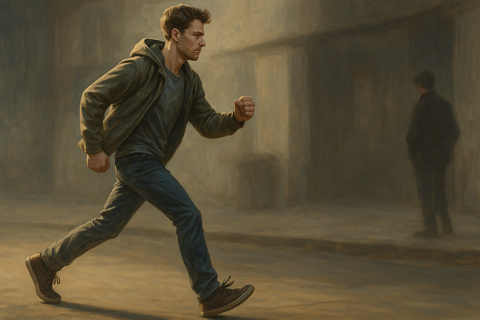 Jovem caminhando com decisão em uma rua urbana ao entardecer, simbolizando atitude, escolha e movimento rumo à ação.