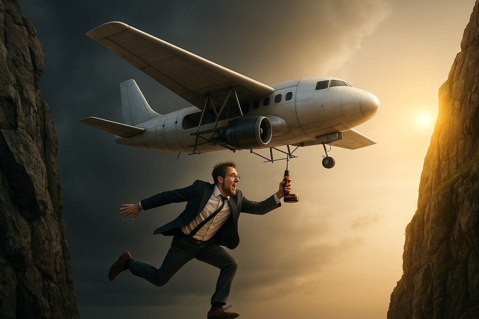 Homem de terno e gravata salta entre dois penhascos segurando uma furadeira enquanto tenta montar um avião em pleno voo, com céu dividido entre tempestade e pôr do sol.