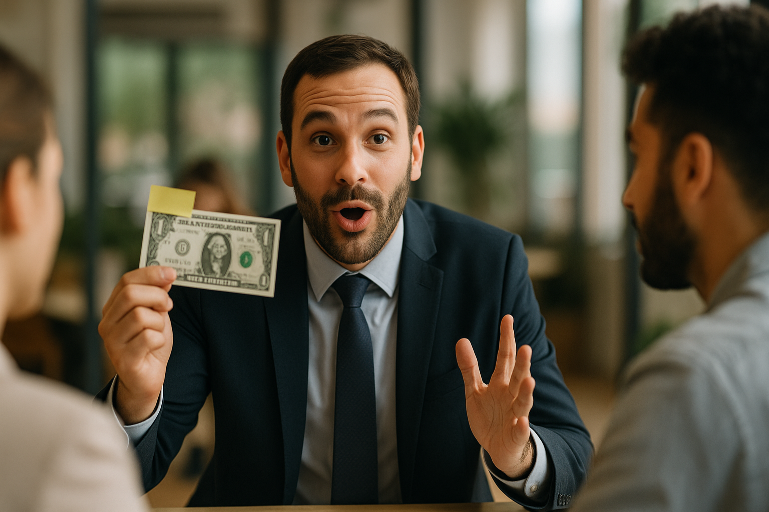 Vendedor jovem de terno azul interage com dois clientes em uma reunião, segurando uma nota de um dólar com um post-it, em escritório iluminado com luz natural.