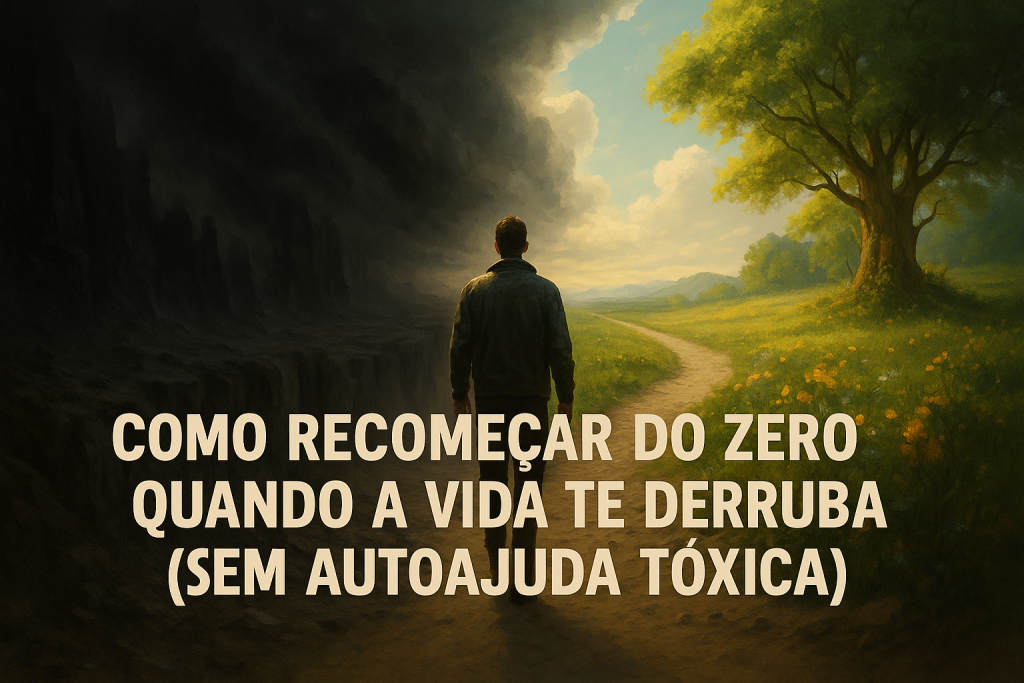Homem solitário caminha em uma estrada dividida entre um vale escuro e ameaçador à esquerda e um campo iluminado, florido e tranquilo à direita, representando o contraste entre crise e recomeço.