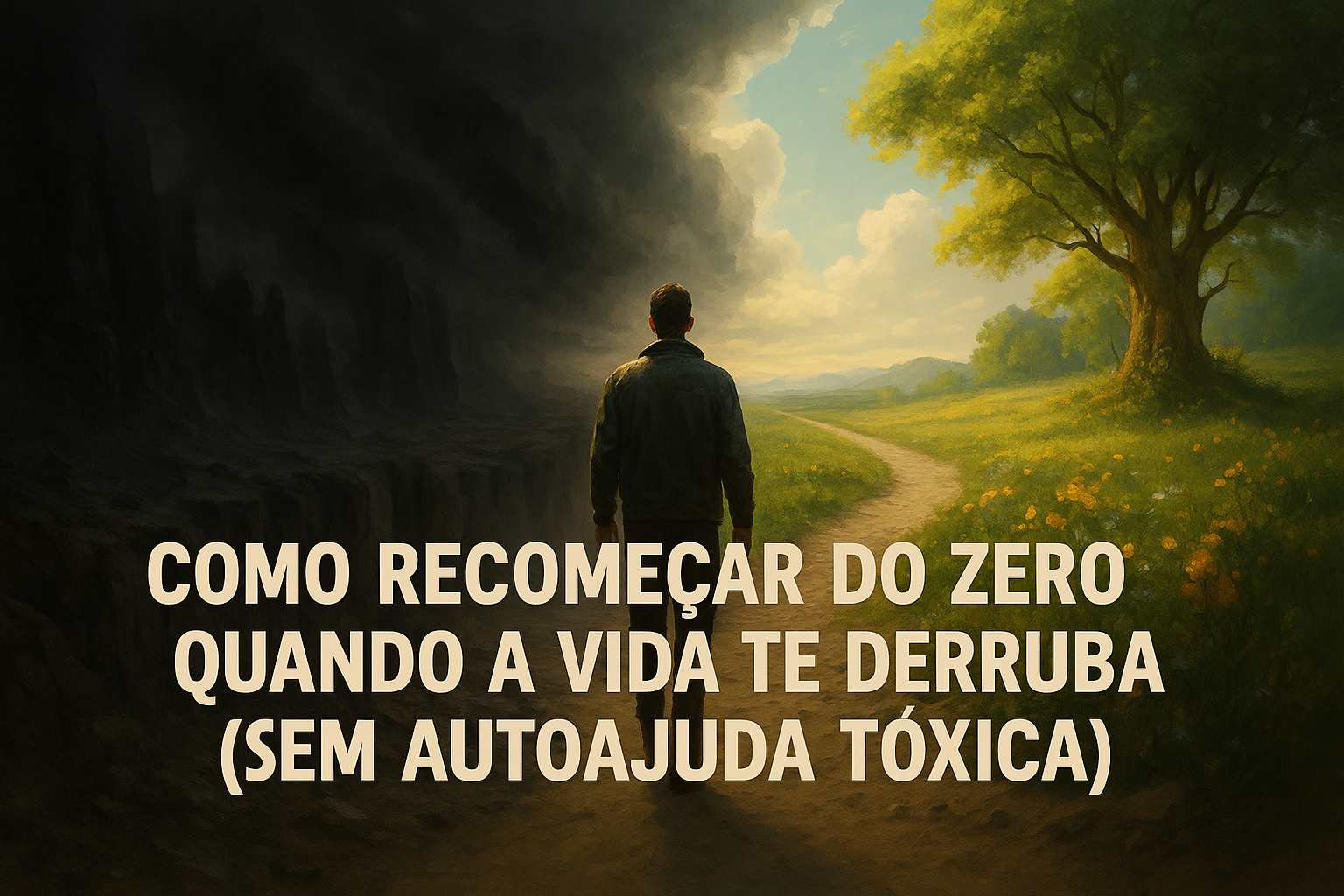 Homem solitário caminha em uma estrada dividida entre um vale escuro e ameaçador à esquerda e um campo iluminado, florido e tranquilo à direita, representando o contraste entre crise e recomeço.