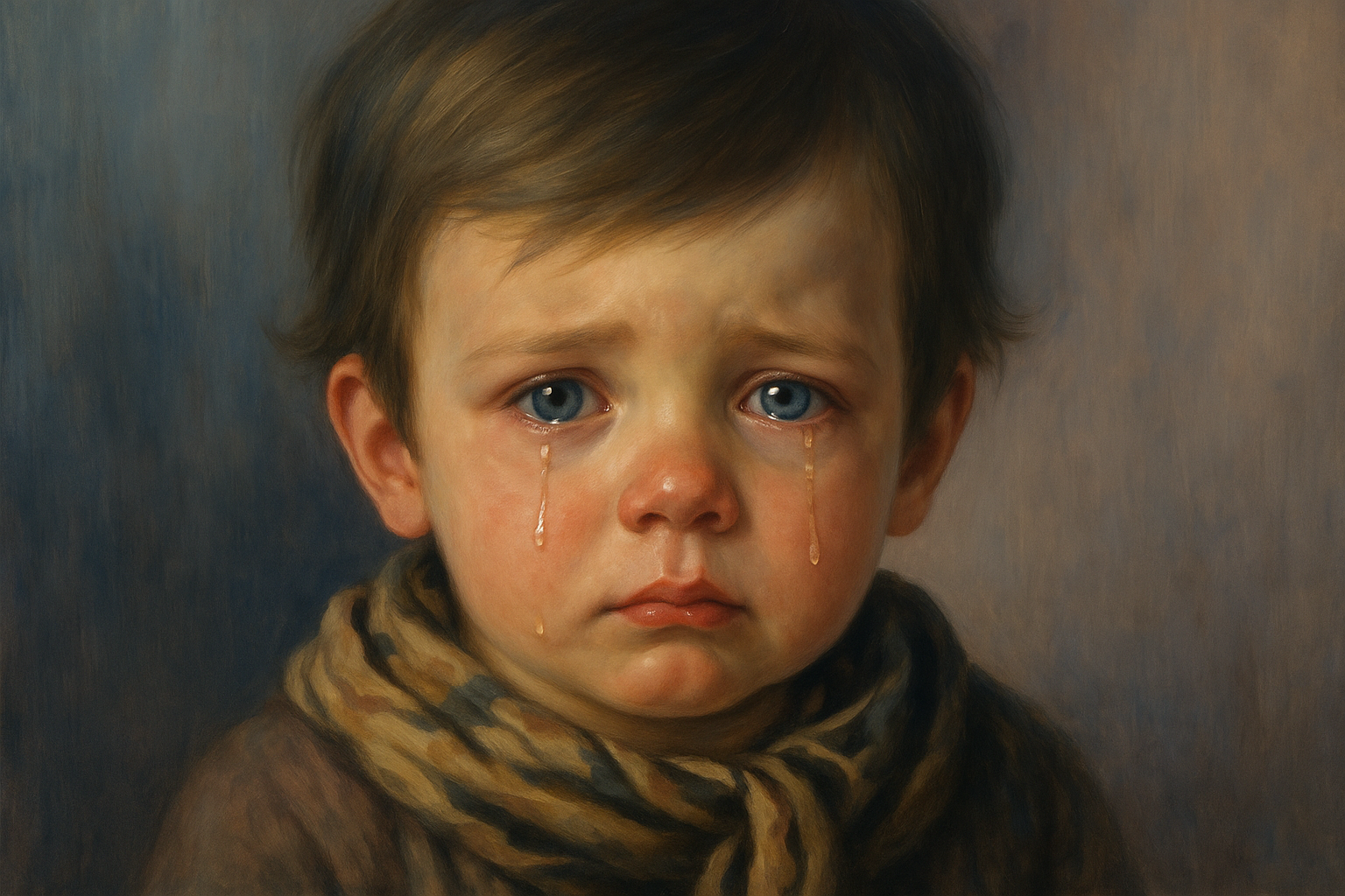 "Retrato de um menino chorando com olhos azuis, lágrimas escorrendo pelo rosto e expressão triste, usando um cachecol listrado em tons terrosos e fundo desfocado em azul e bege."