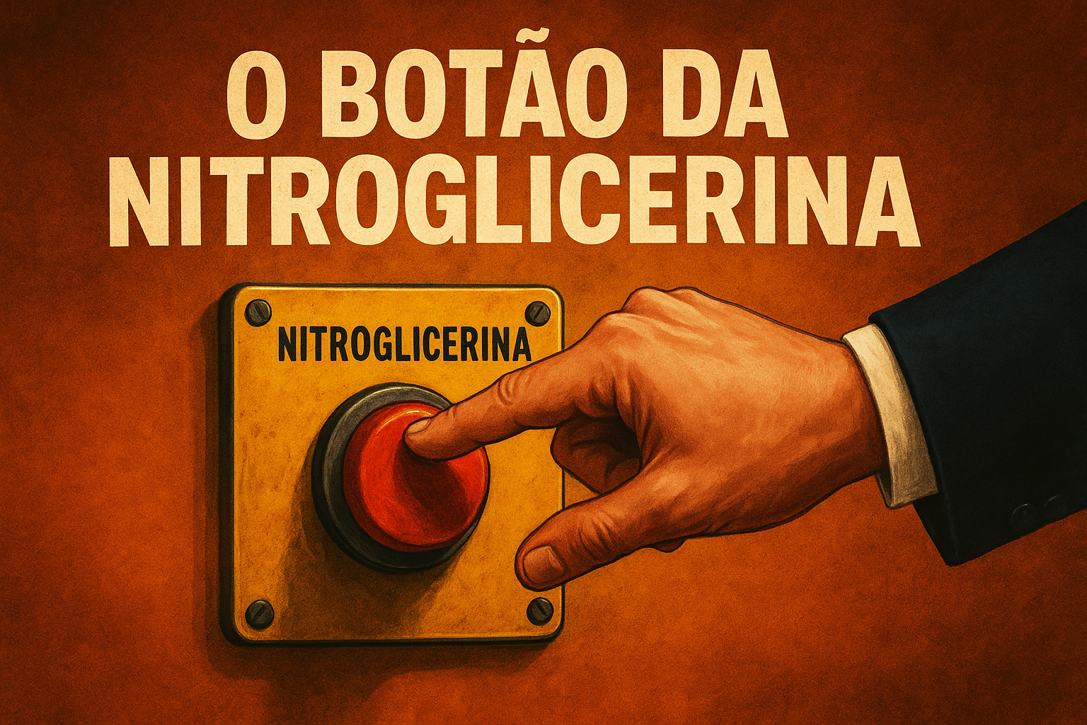 Ilustração realista de uma mão pressionando um botão vermelho rotulado como “NITROGLICERINA”, com a frase “O Botão da Nitroglicerina” em destaque acima, sobre fundo alaranjado.