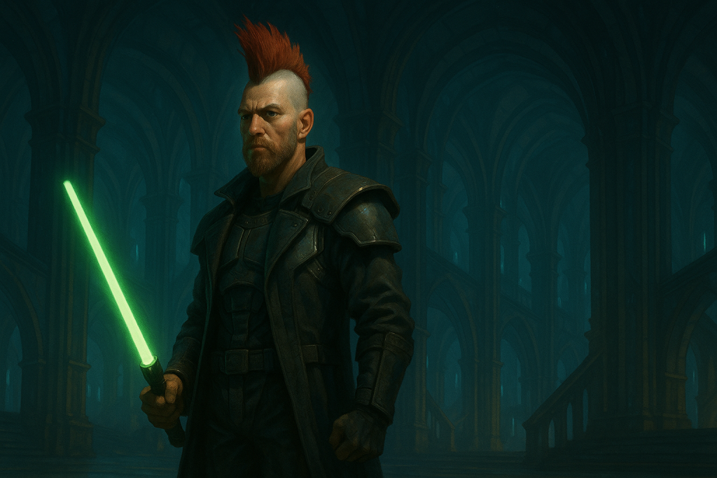 Guerreiro futurista de moicano vermelho em uma catedral cyberpunk, segurando uma espada de energia verde em posição de alerta.
