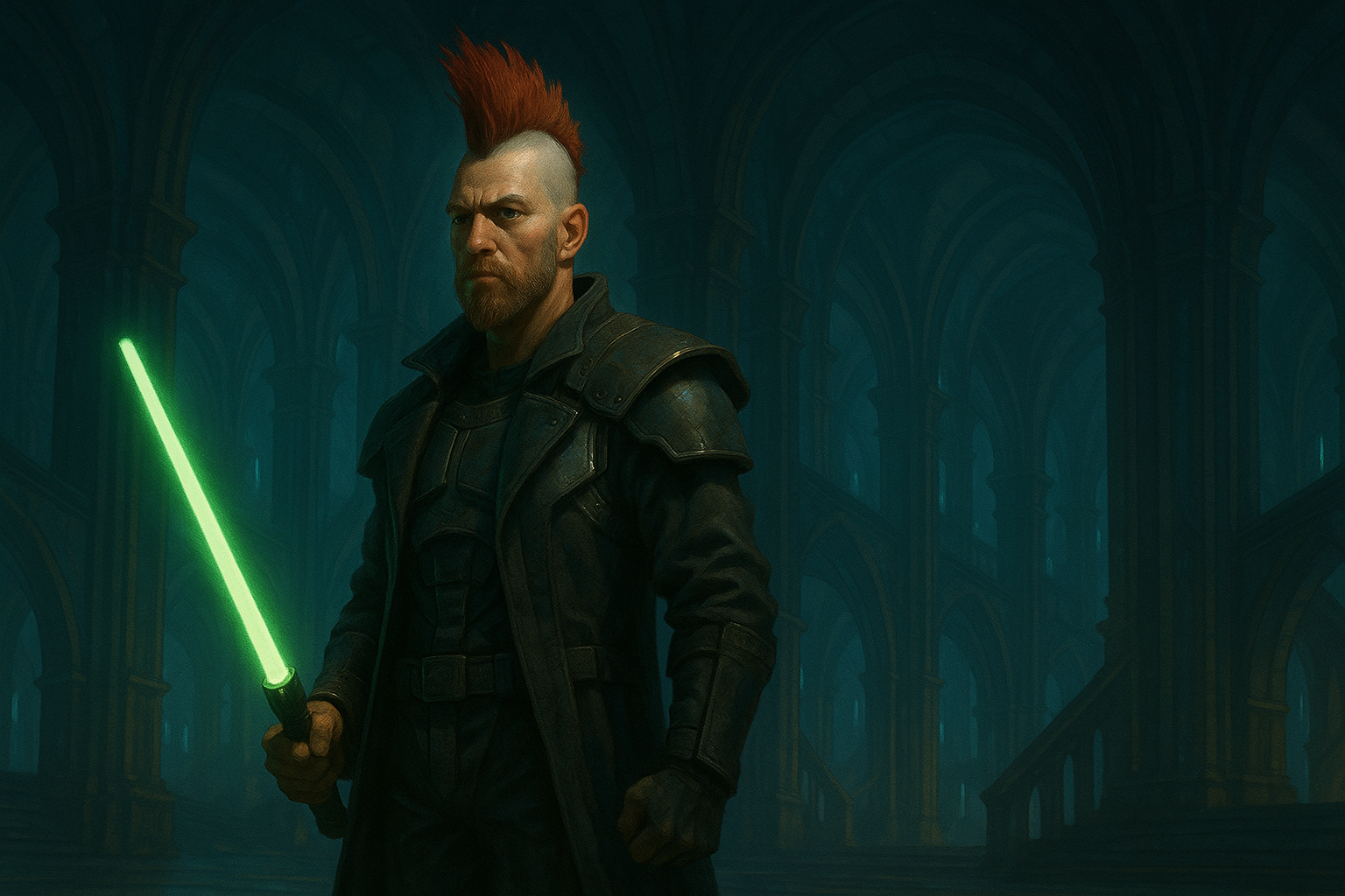Guerreiro futurista de moicano vermelho em uma catedral cyberpunk, segurando uma espada de energia verde em posição de alerta.