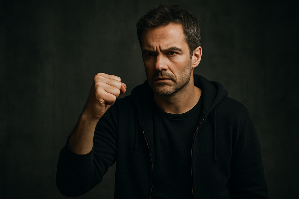 Homem com expressão séria e punho cerrado em pose determinada, vestindo moletom preto, diante de parede escura e textura urbana, simbolizando força interior e autocontrole.