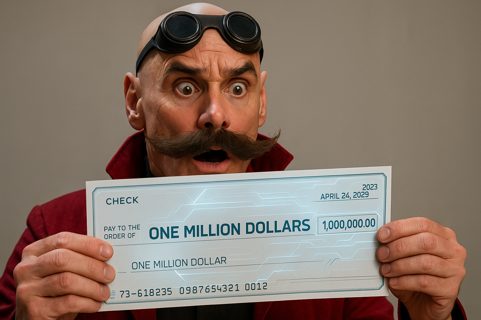 Homem careca de pele clara, com bigode espesso e óculos estilo vintage apoiados na cabeça, segura com as duas mãos um cheque futurista no valor de US$ 1.000.000, datado para 24 de abril de 2029, exibindo expressão de puro espanto.
