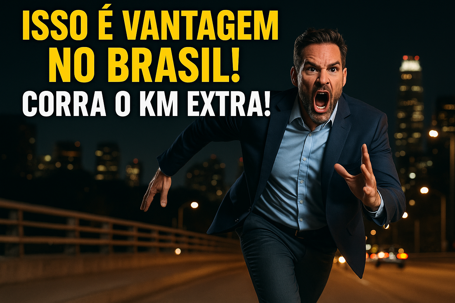 Homem determinado correndo à noite com expressão de foco extremo e texto motivacional ao fundo.
