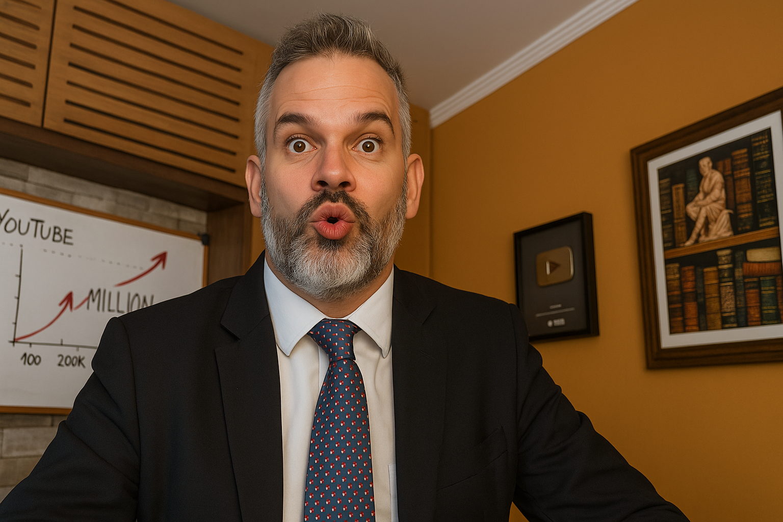 Homem de meia-idade com barba grisalha e cabelo curto, usando terno e gravata, faz expressão surpresa em um escritório com quadro de metas do YouTube e placa de prêmio no fundo.