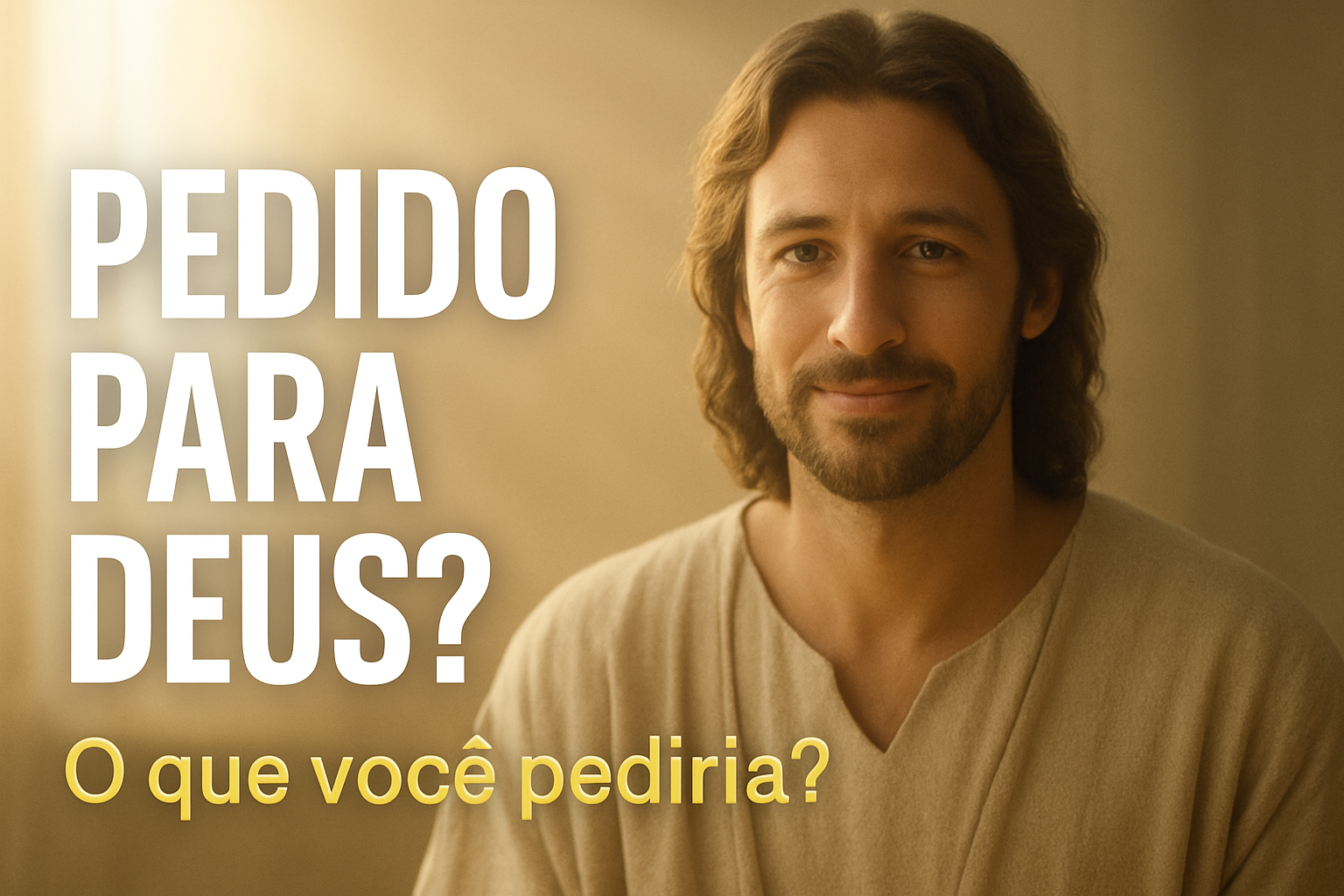 Homem com semblante sereno e expressão acolhedora é iluminado por luz dourada suave, simbolizando um encontro espiritual.