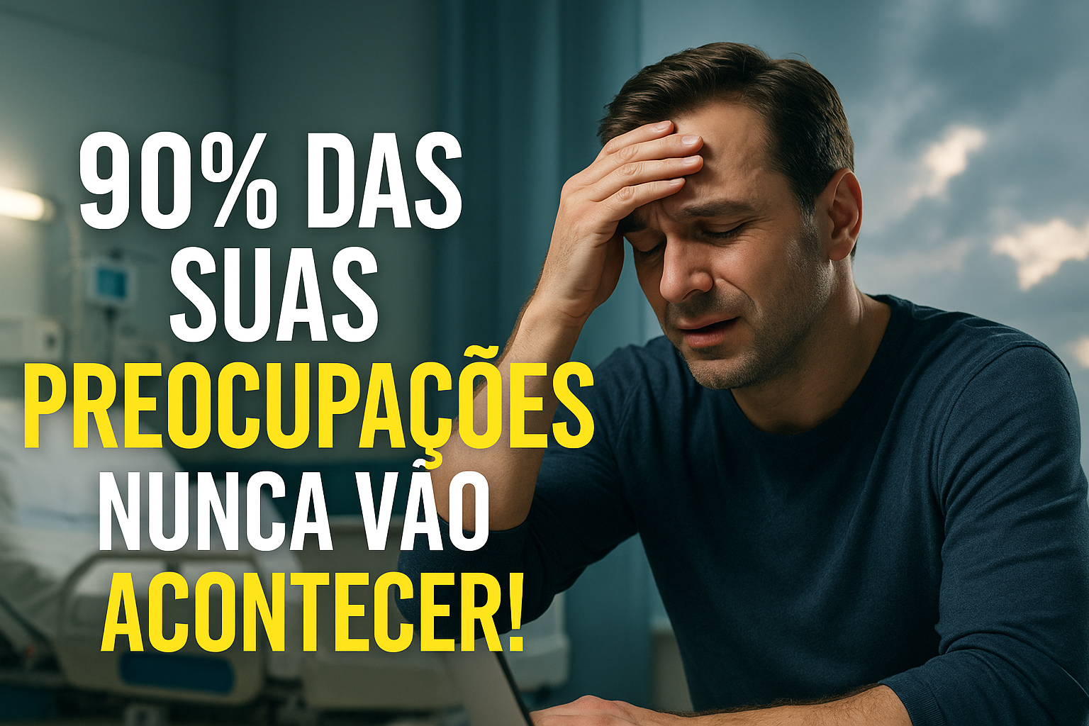 Homem com expressão preocupada sentado em hospital, com a frase '90% das suas preocupações nunca vão acontecer'
