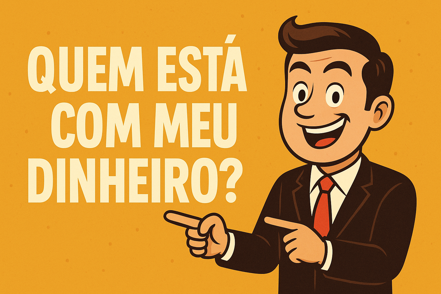 Ilustração divertida de um vendedor animado apontando para a frase “QUEM ESTÁ COM MEU DINHEIRO?” em fundo amarelo.