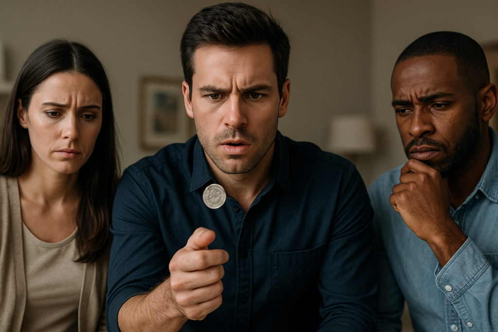 Homem girando uma moeda com expressão concentrada, acompanhado por uma mulher e outro homem observando atentamente, todos sentados em um ambiente interno com iluminação suave.