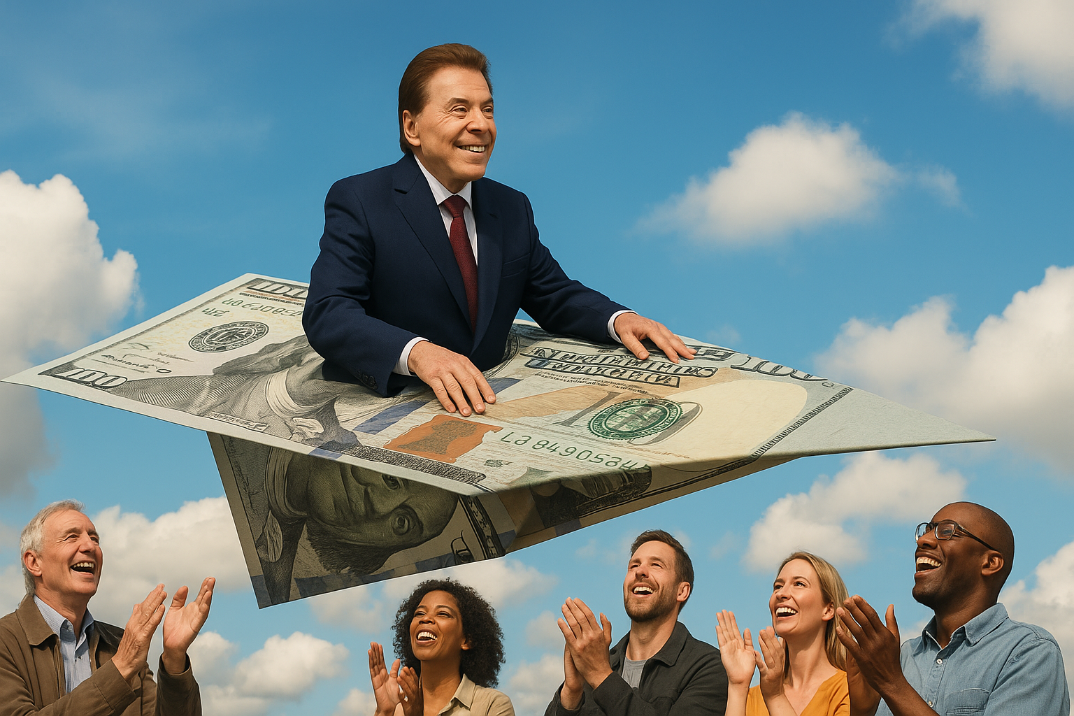 Homem mais velho de terno voando no céu em um avião de papel feito de nota de 100 dólares, enquanto pessoas no chão aplaudem e olham para cima.