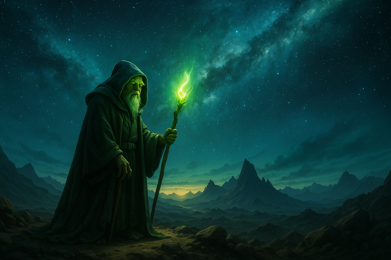 Mentor fictício em pé sobre rochas, segurando um cajado verde brilhante, diante de uma galáxia épica e montanhas alienígenas iluminadas por estrelas.