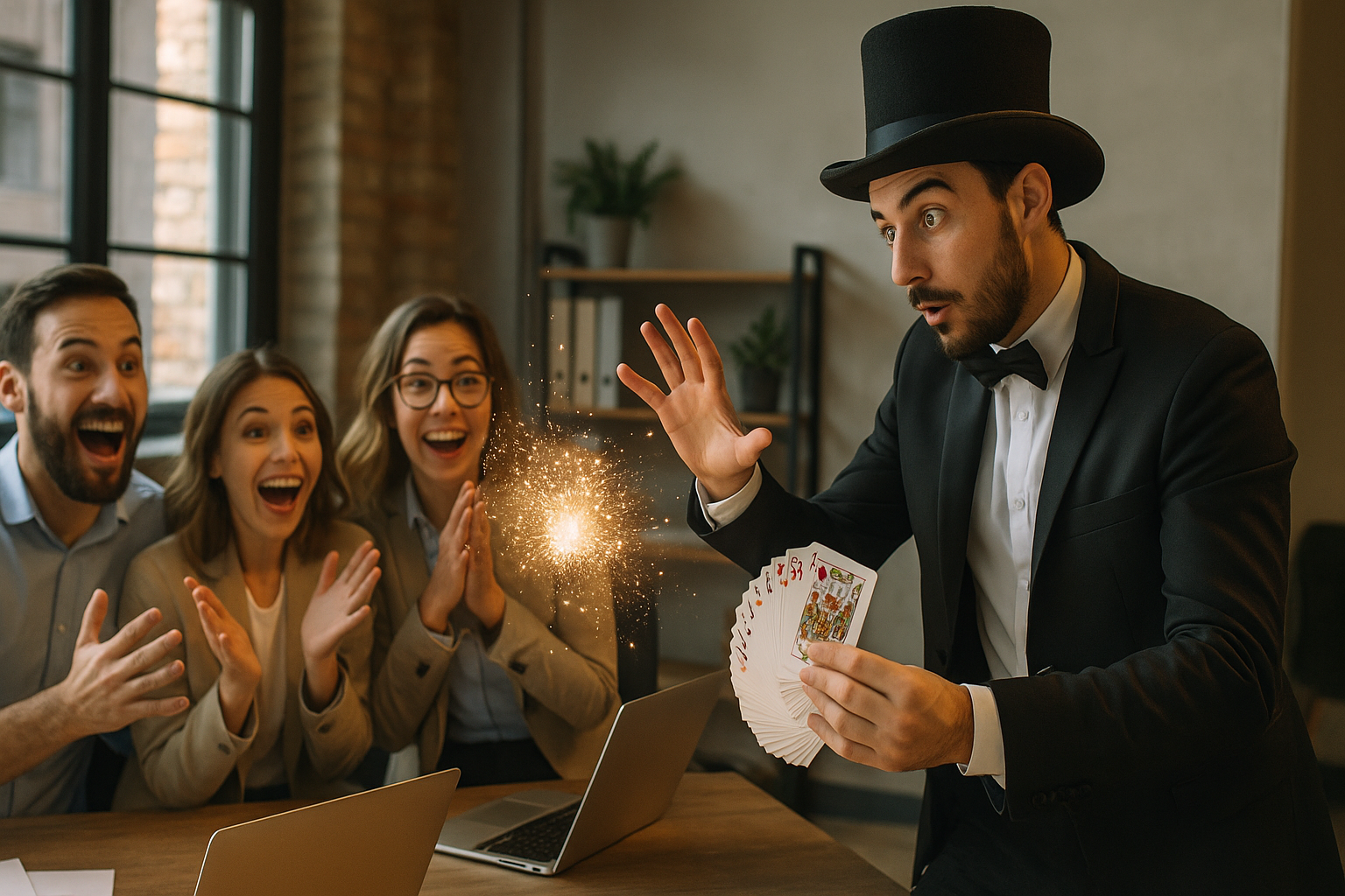 Mágico em terno elegante e cartola realizando truque de cartas em um escritório moderno, surpreendendo clientes encantados em volta da mesa.