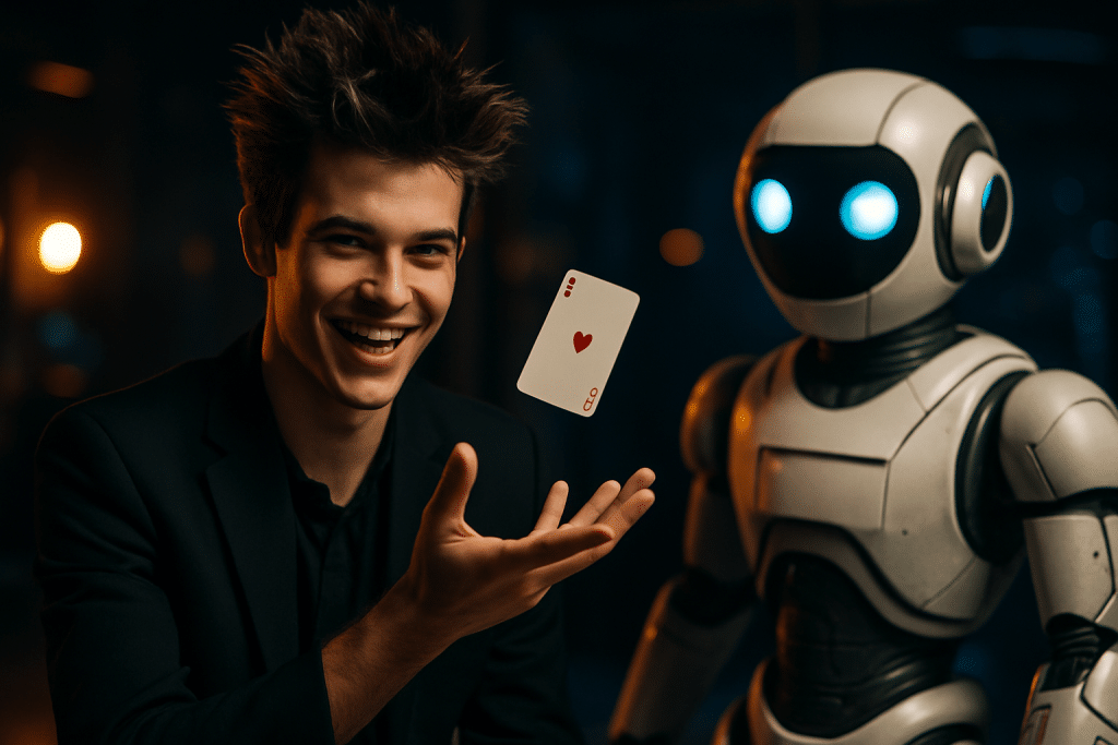 Jovem mágico de cabelos espetados e roupa preta realizando truque com carta flutuante diante de um robô futurista.