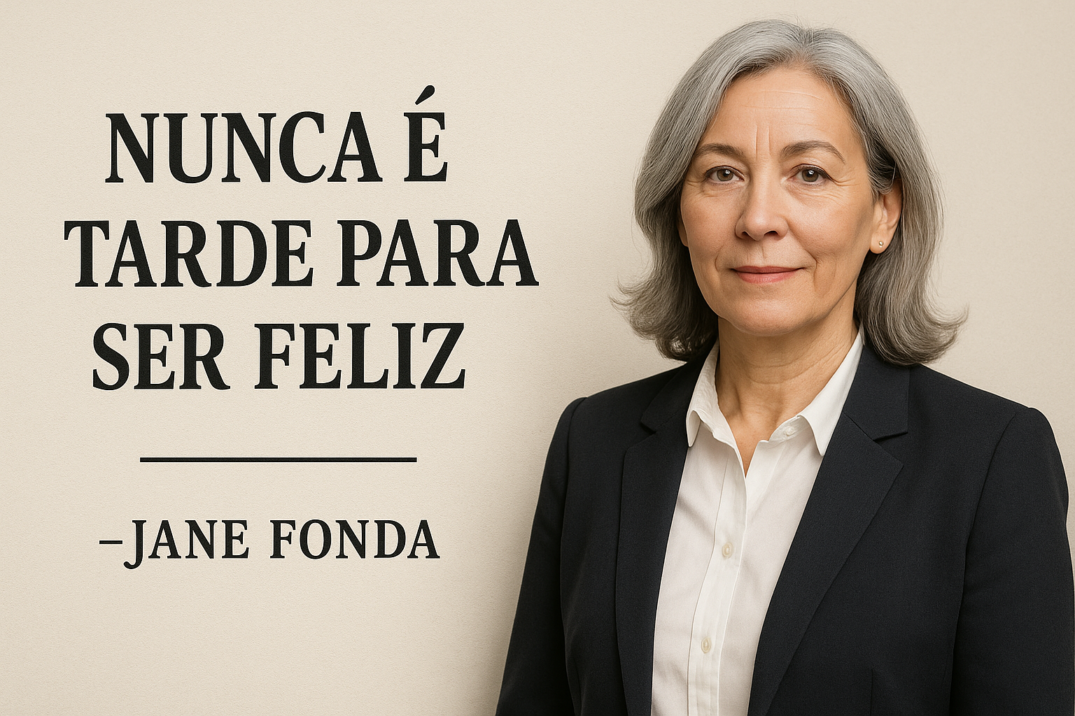 Vendedora madura, de cerca de 50 anos, cabelos grisalhos e expressão confiante, usando blazer e camisa social, ao lado da frase “Nunca é tarde para ser feliz – Jane Fonda” em destaque.
