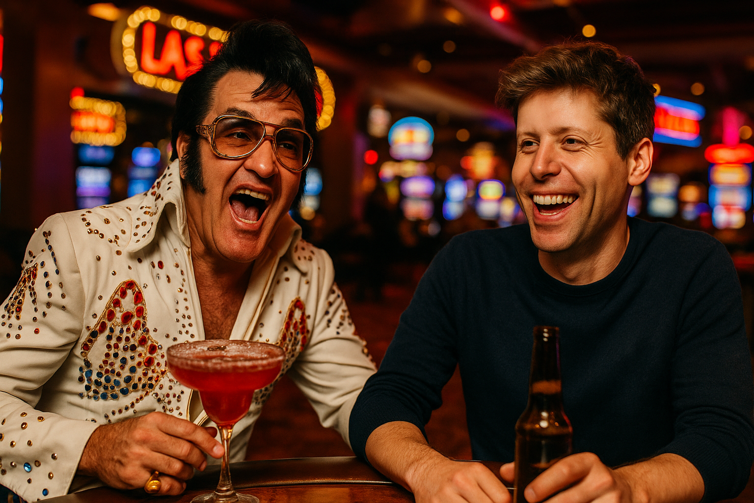 Imitador de Elvis Presley rindo e segurando um coquetel ao lado de um homem sorridente com uma cerveja, sentados em um bar de cassino em Las Vegas com luzes de neon e caça-níqueis ao fundo.