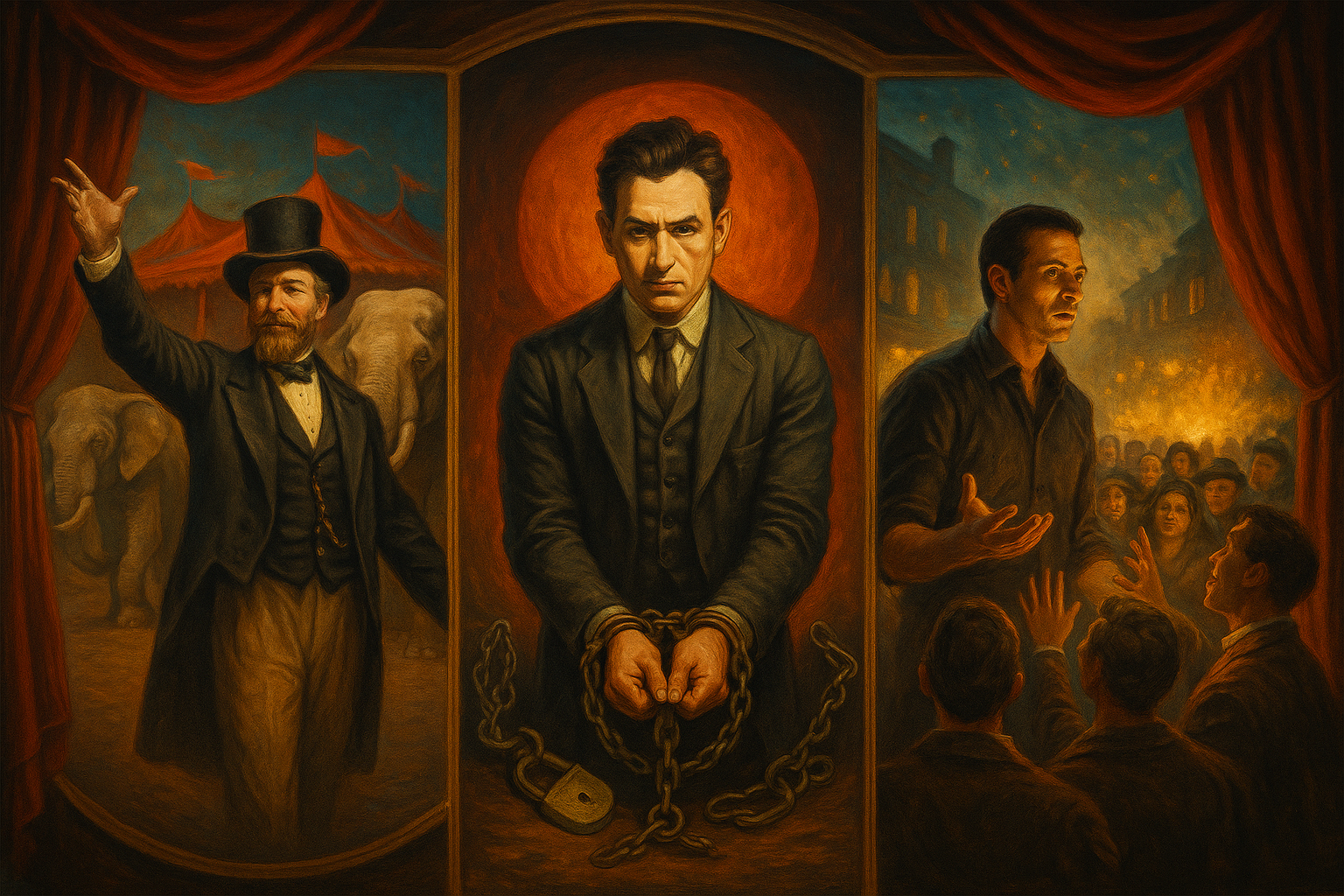 Pintura conceitual em estilo clássico mostrando três símbolos do espetáculo e do marketing: um circo iluminado com elefantes (Barnum), correntes se rompendo em cena de ilusionismo (Houdini) e um público reagindo a mágica de rua (Blaine).