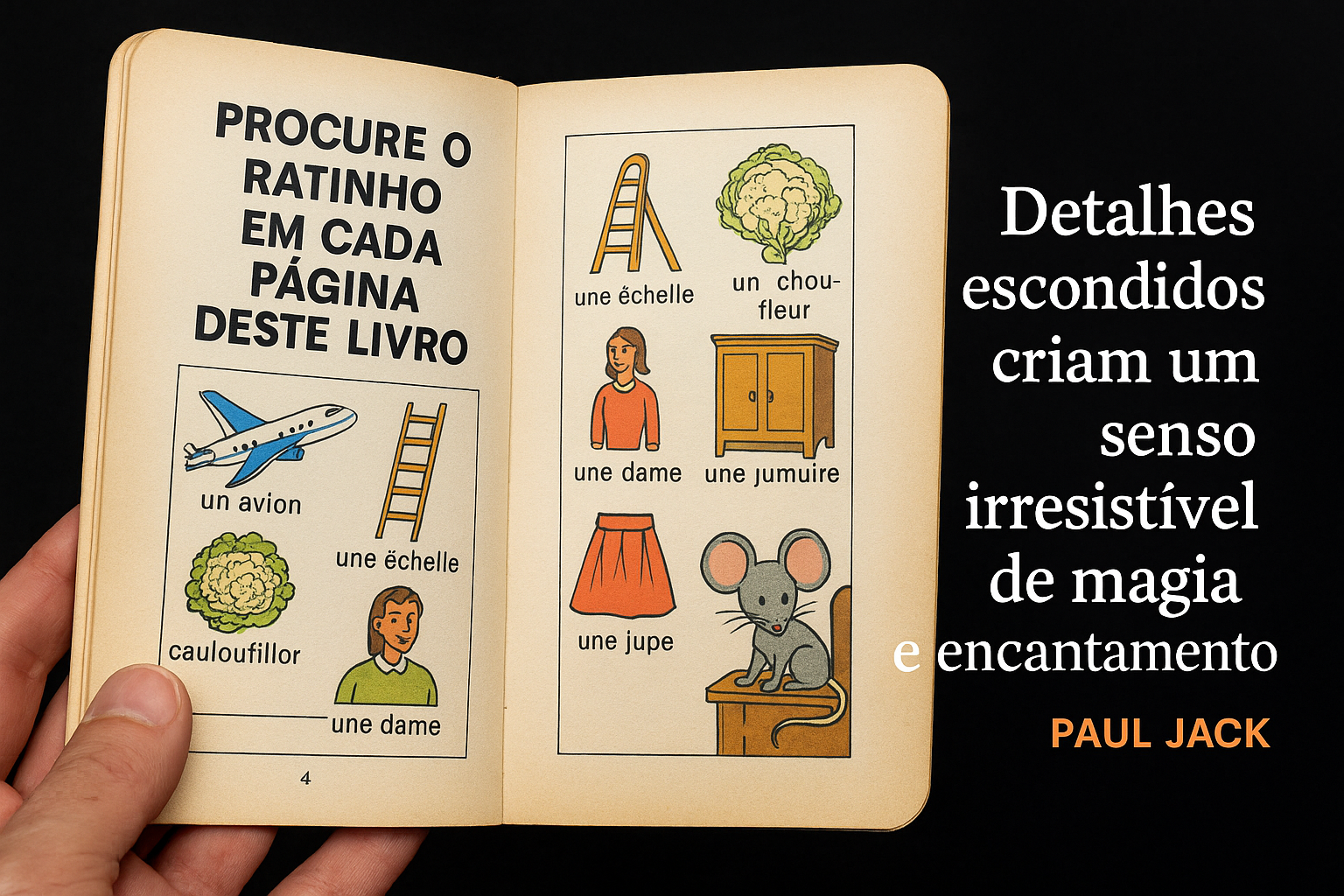 Livro infantil antigo em francês, com ilustrações coloridas e um ratinho desenhado escondido perto de um armário de madeira, acompanhado de frase inspiradora.