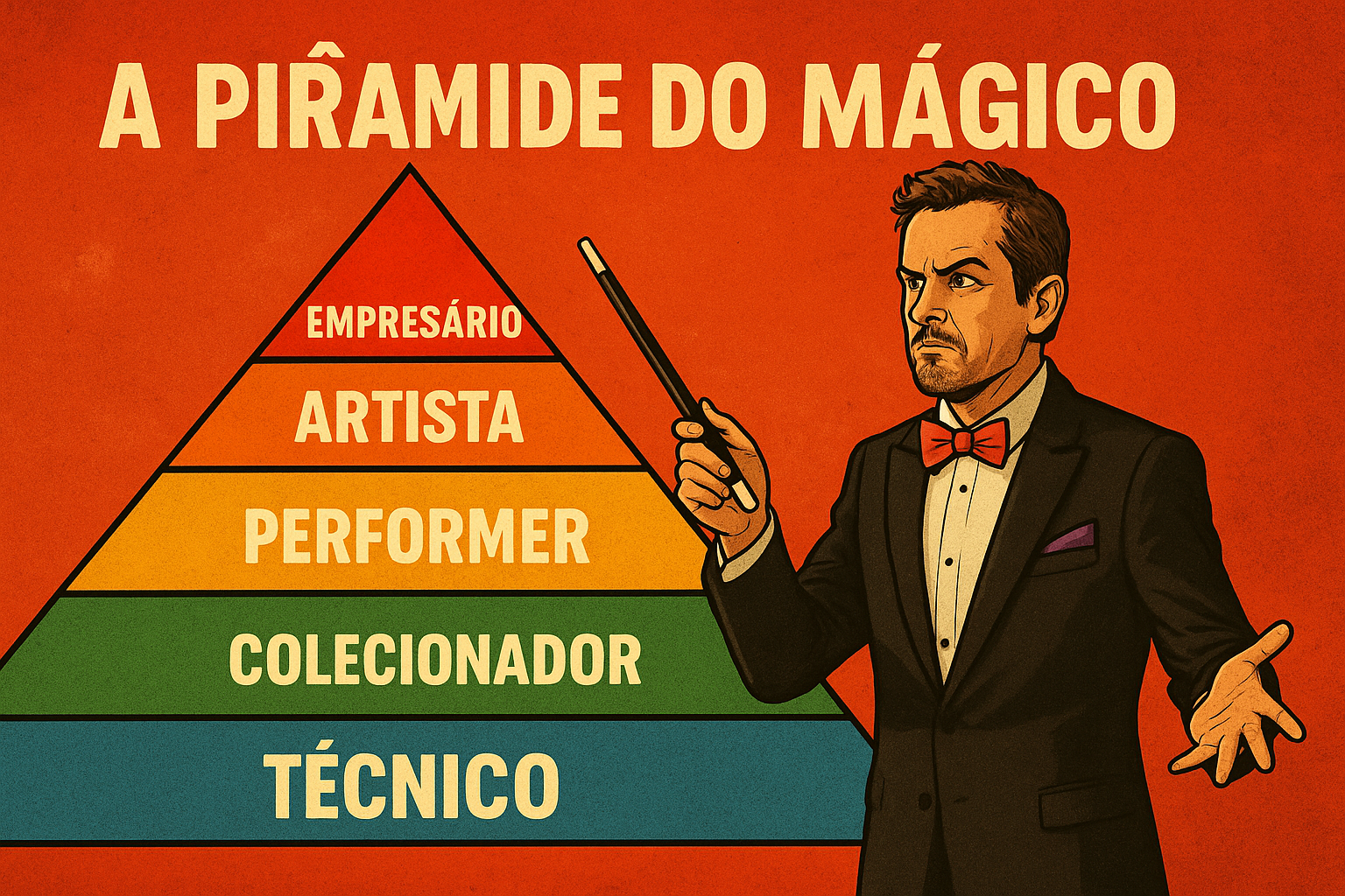 Ilustração vibrante de um mágico sério em frente à pirâmide da evolução profissional, com cinco níveis coloridos: técnico, colecionador, performer, artista e empresário.