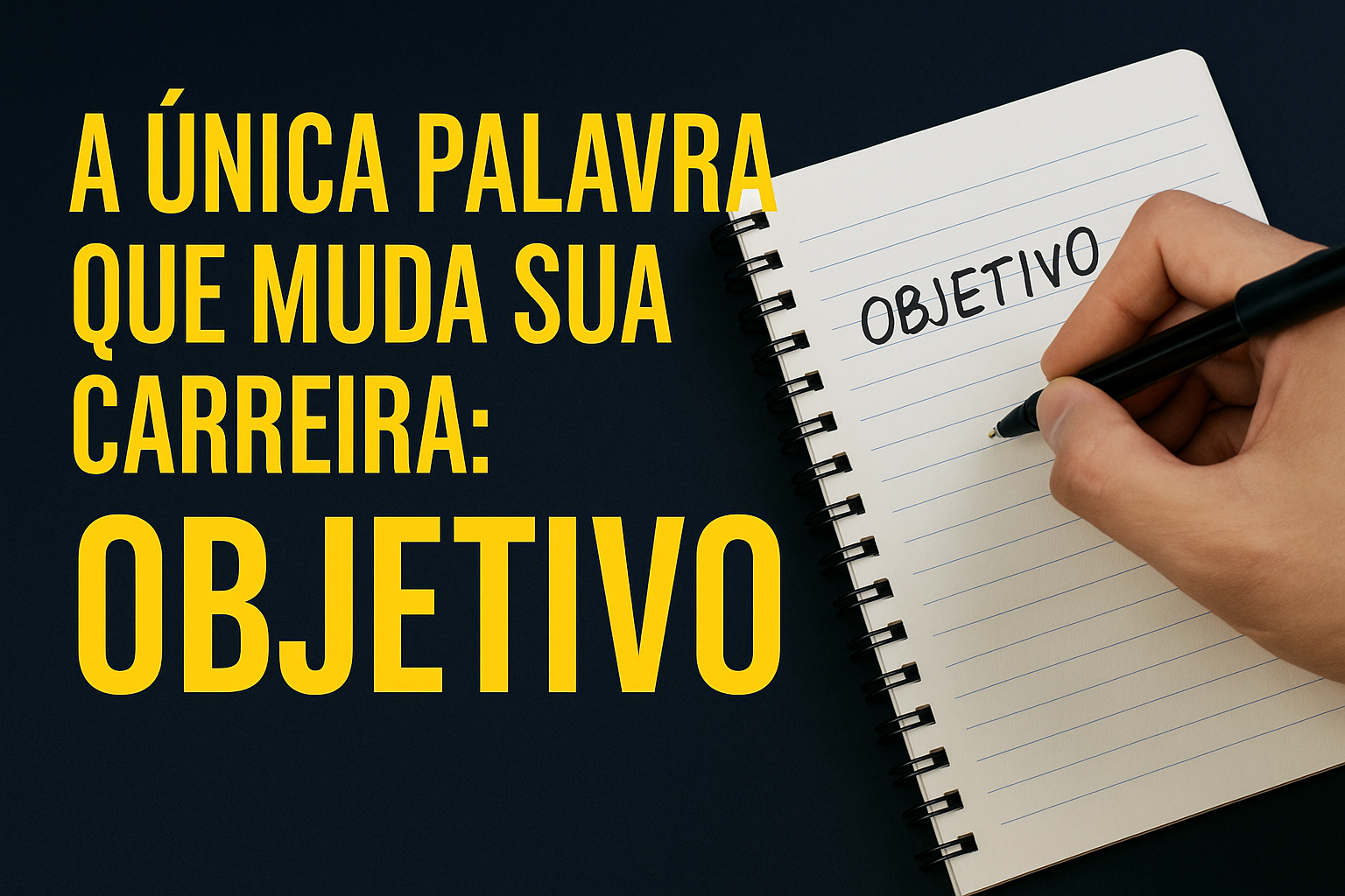 Mão segurando caneta escreve a palavra "OBJETIVO" em caderno de anotações, com fundo escuro e texto em amarelo destacando "A ÚNICA PALAVRA QUE MUDA SUA CARREIRA".