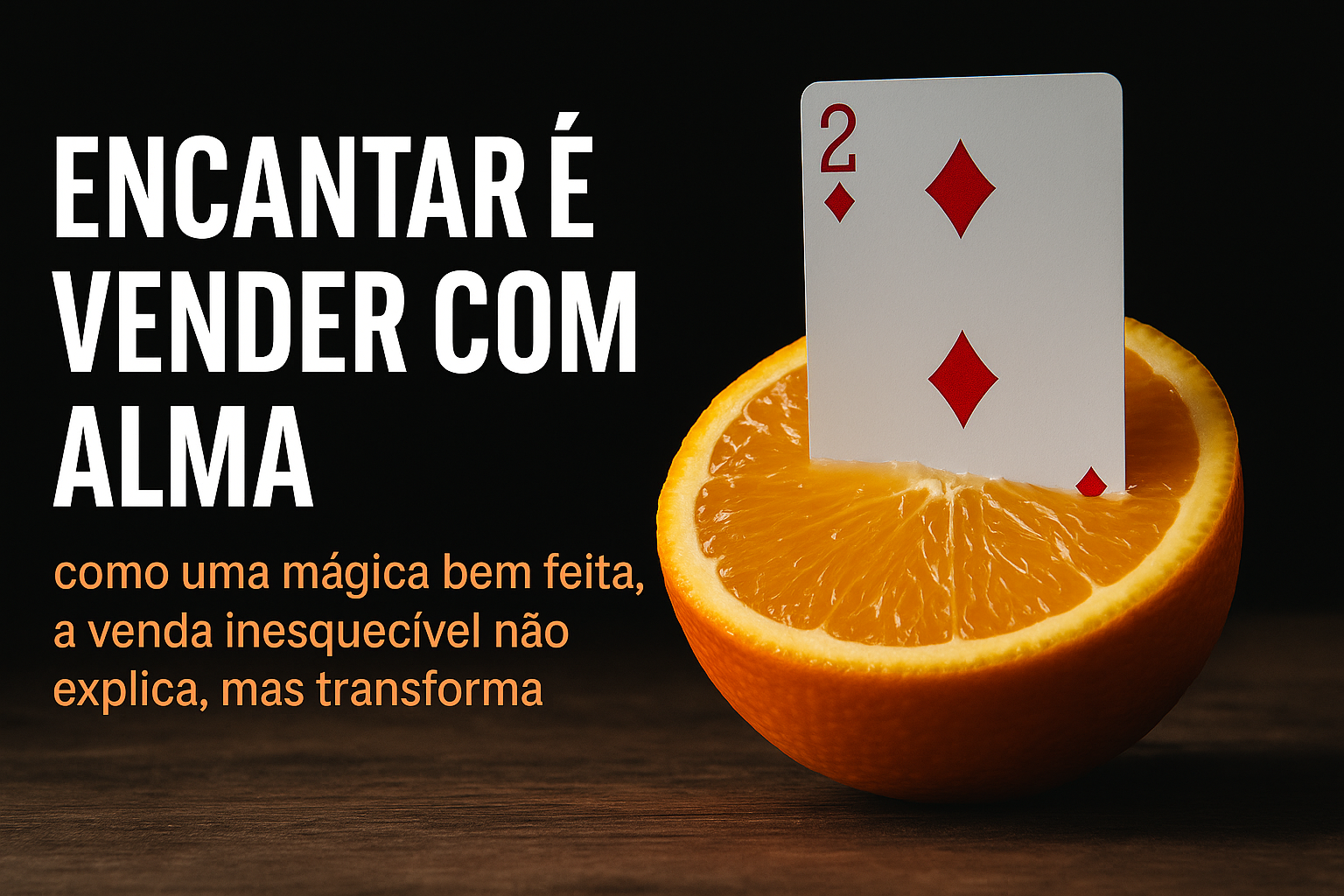 Carta de baralho Dois de Ouros inserido dentro de uma laranja cortada, com a frase “Encantar é vender com alma” em destaque ao lado.