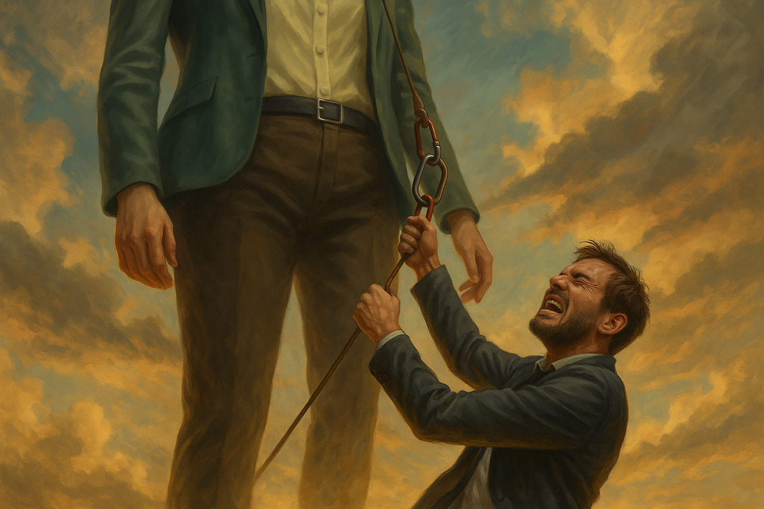 Ilustração digital surreal em formato retangular mostrando um homem de terno escalando com esforço uma figura gigante, preso por cordas de escalada, contra um céu dramático de tons dourados e alaranjados.