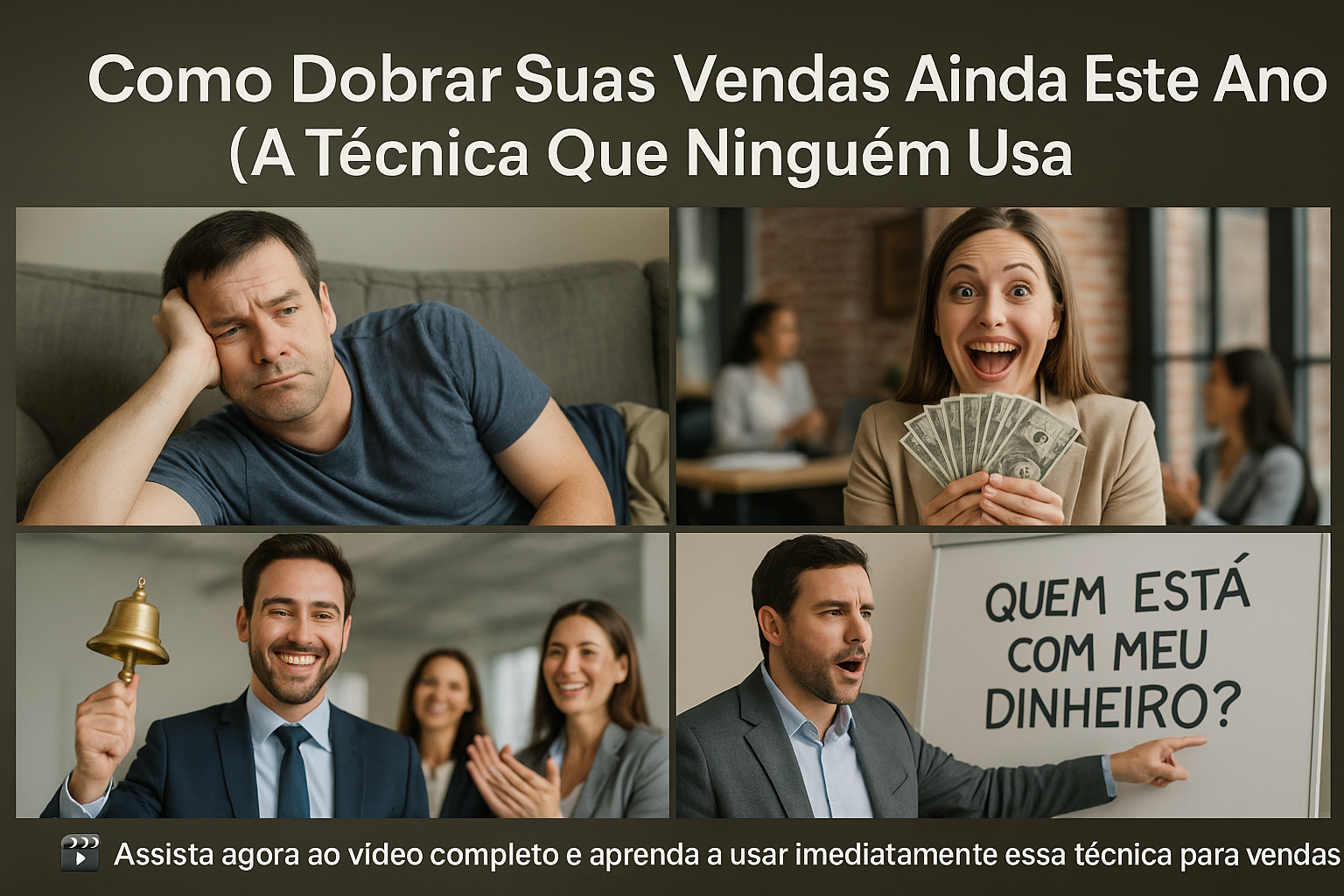 Montagem visual com quatro cenas relacionadas a vendas: homem entediado no sofá, mulher empolgada segurando dinheiro, executivo tocando sino de vitória, e outro apresentador apontando para um quadro com a pergunta "Quem está com meu dinheiro?".
