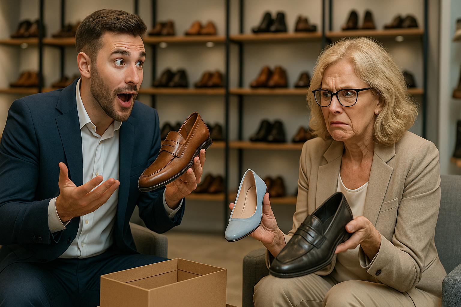Vendedor em terno azul mostra sapato marrom para cliente em loja moderna, enquanto a cliente segura dois sapatos e demonstra expressão confusa.