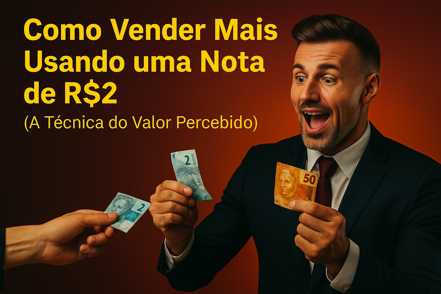 Vendedor sorridente segurando notas de real, incluindo uma nota de R$2 em destaque, em um cenário de negociação criativo e chamativo.