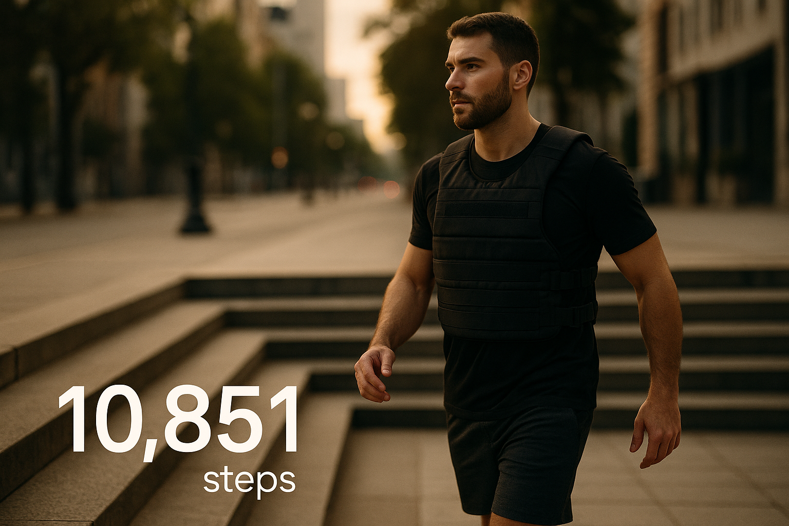 Homem com colete de peso caminha em escadaria urbana ao entardecer, em passo firme, com contador “10.851 steps” sobreposto.