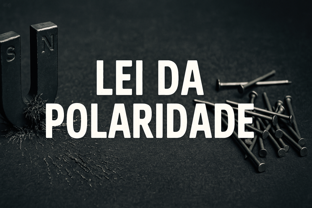 Ímã em forma de U com limalhas de ferro e pregos ao lado, representando o conceito da Lei da Polaridade.