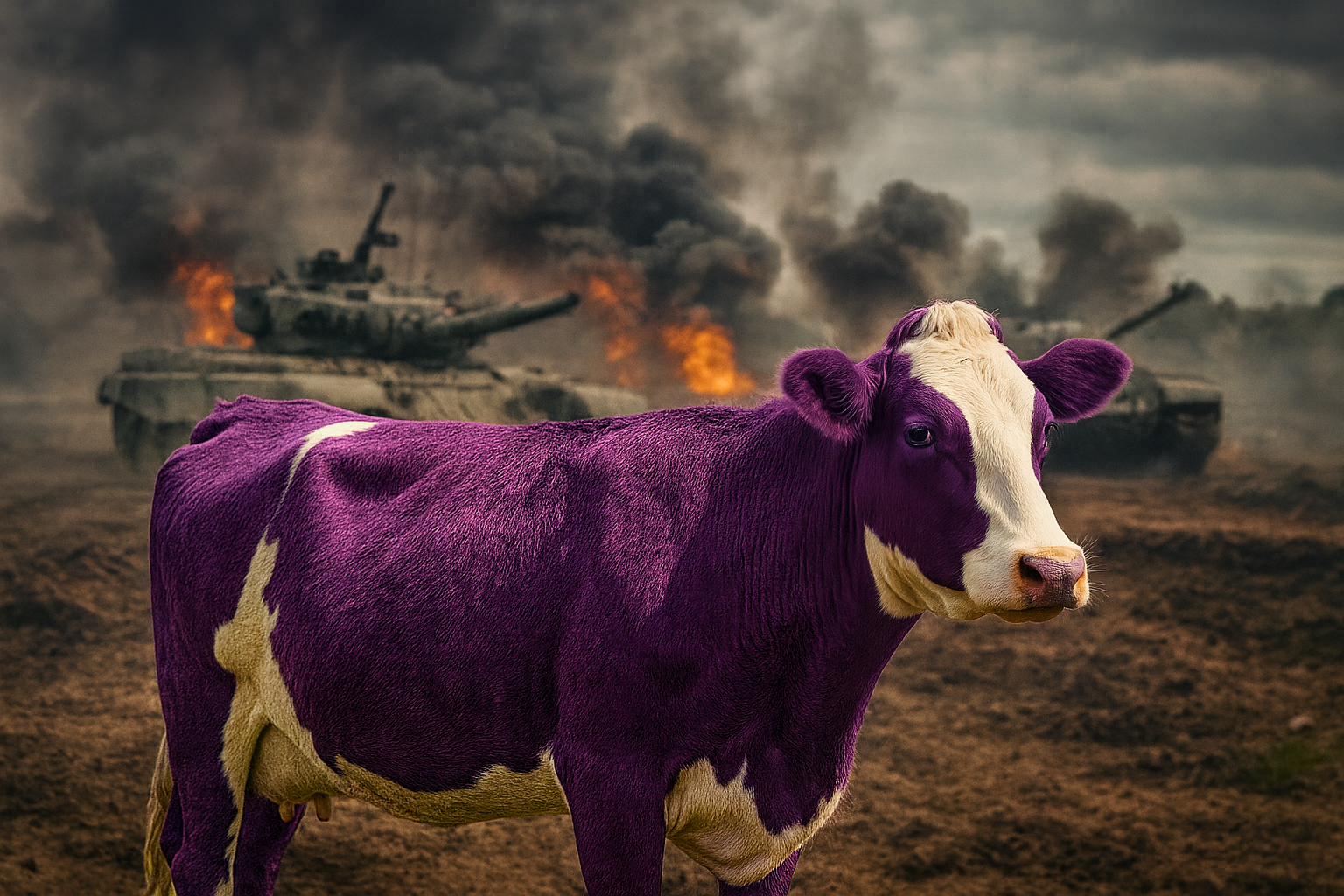 Vaca roxa em campo de batalha com tanques em chamas ao fundo.