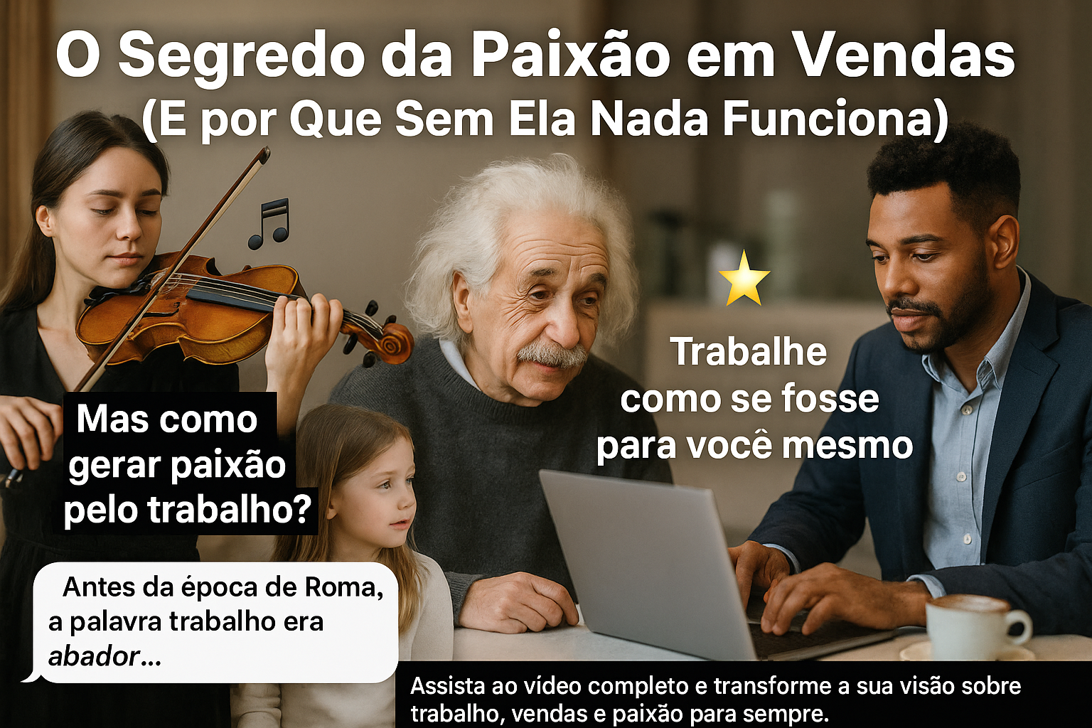 Imagem ilustrativa do blog 'O Segredo da Paixão em Vendas', com cenas de um violinista, Einstein com uma criança, e um profissional focado no trabalho, destacando a importância da paixão no trabalho e nas vendas