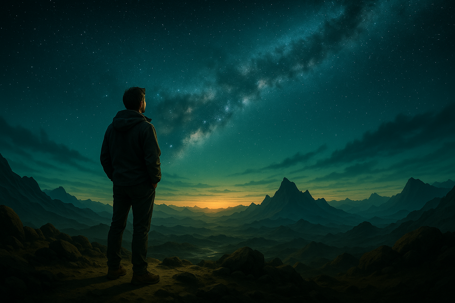 Pessoa sozinha em pé sobre uma rocha, contemplando um céu estrelado com a Via Láctea, cercada por montanhas em cenário panorâmico.