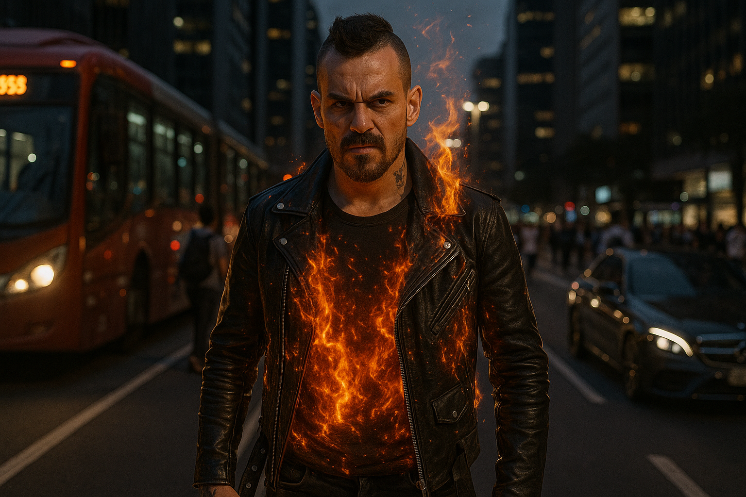 Homem punk de 45 anos caminhando na Avenida Paulista à noite, com chamas intensas emanando de dentro do corpo, mantendo expressão firme e serena, cercado por ônibus, carros de luxo e pessoas.