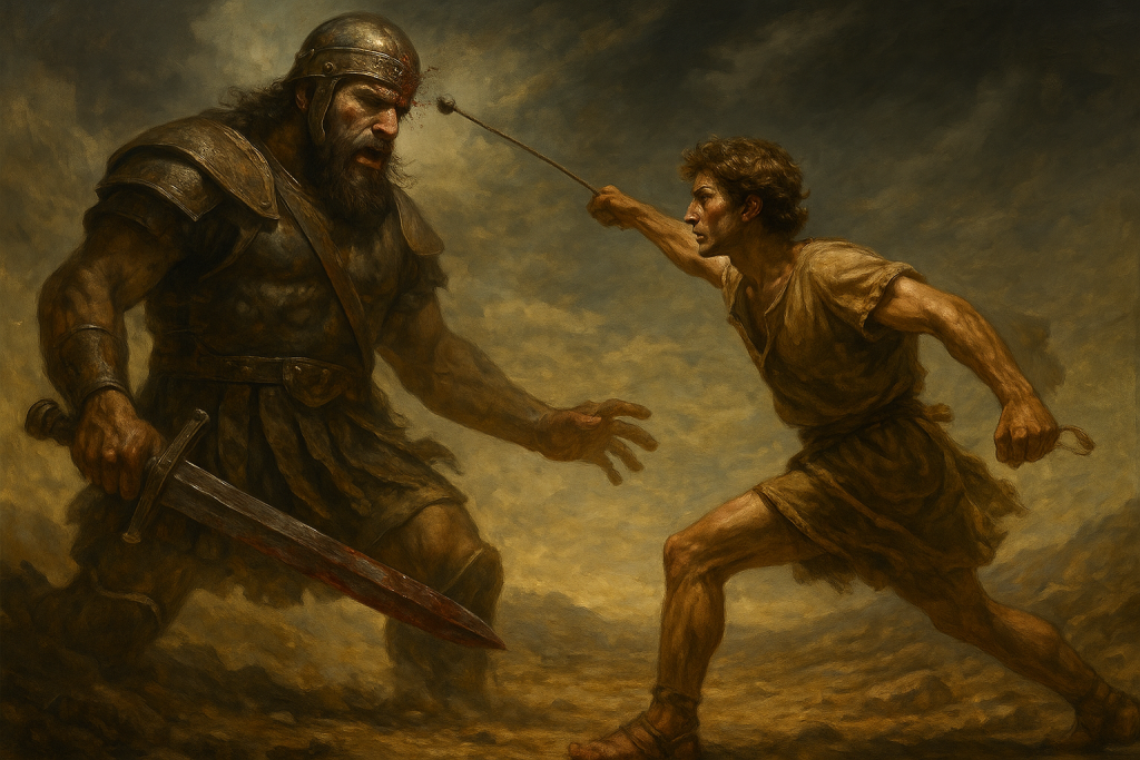 Representação épica e realista da cena bíblica onde Davi enfrenta Golias, com o estilingue em ação e a pedra atingindo a testa do gigante, que segura uma espada ensanguentada.