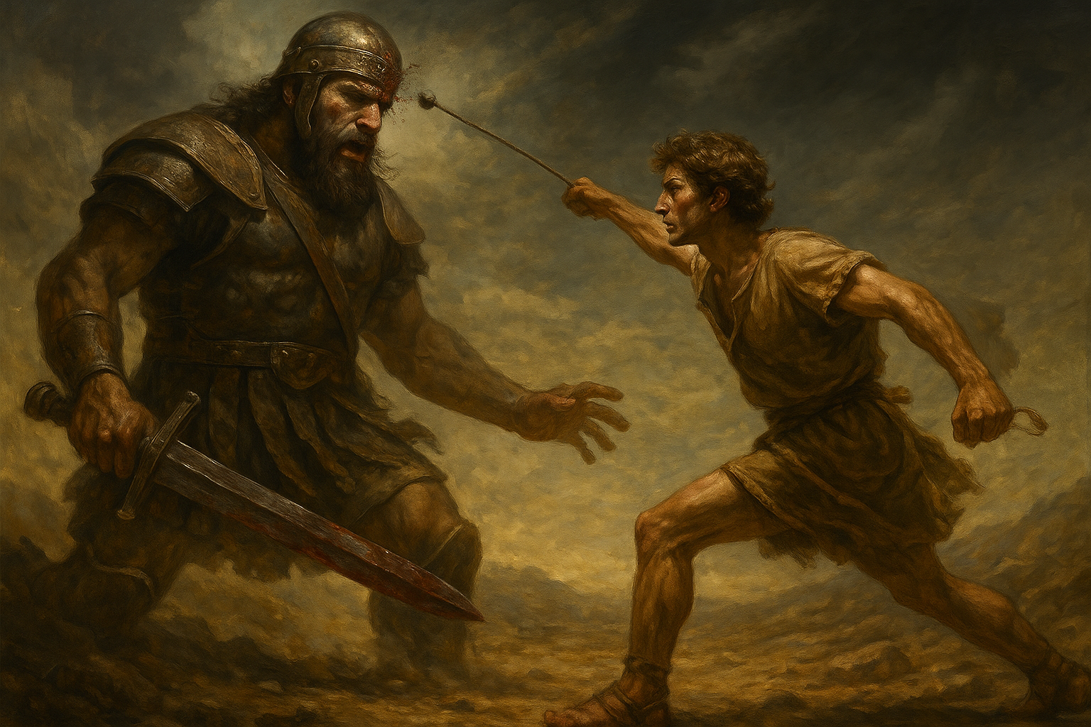 Representação épica e realista da cena bíblica onde Davi enfrenta Golias, com o estilingue em ação e a pedra atingindo a testa do gigante, que segura uma espada ensanguentada.