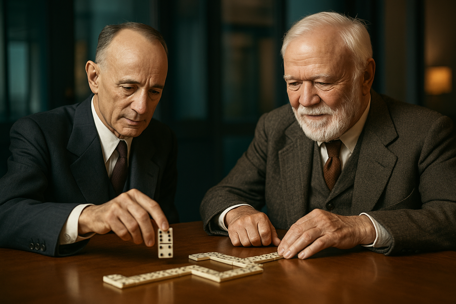 Dois homens elegantes, representando Andrew Carnegie e Napoleon Hill, jogando dominó em um cenário corporativo conceitual, simbolizando estratégia, foco e produtividade.