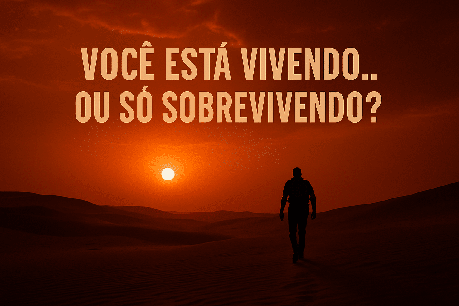 Pessoa caminhando sozinha no deserto durante o pôr do sol, com a frase “VOCÊ ESTÁ VIVENDO… OU SÓ SOBREVIVENDO?” em destaque no céu alaranjado.