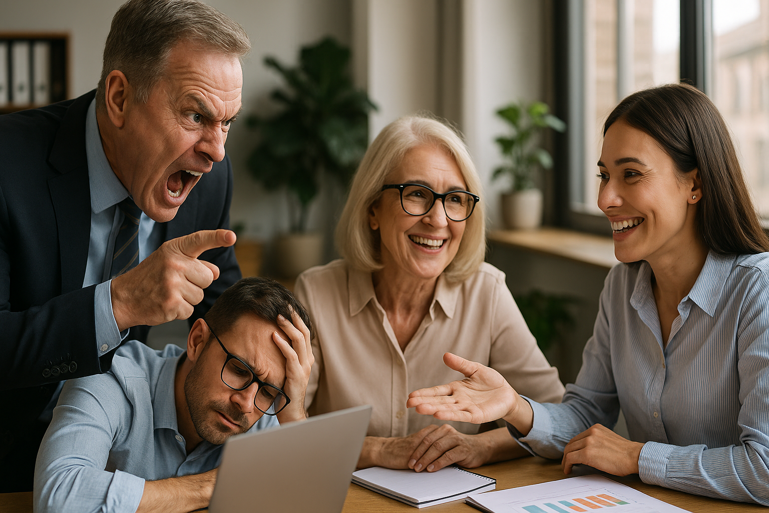 Cena hiper-realista em escritório corporativo: à esquerda, um gestor grita e aponta o dedo para um funcionário envergonhado e estressado diante do notebook. À direita, outro gestor conversa sorridente com uma colaboradora, mostrando gráficos. A imagem contrasta o efeito de feedback destrutivo com feedback construtivo no ambiente de trabalho.