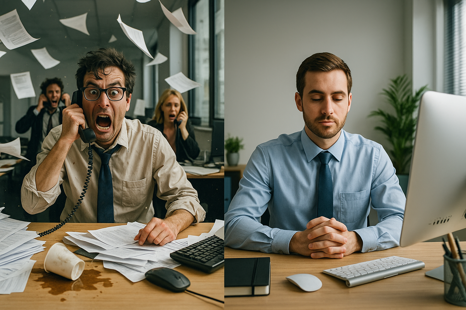 Cena hiper-realista de um escritório dividido em dois lados: à esquerda, caos com papéis voando, funcionário gritando ao telefone e café derramado; à direita, calma total, com colaborador sereno em mesa minimalista, olhando concentrado para o computador.
