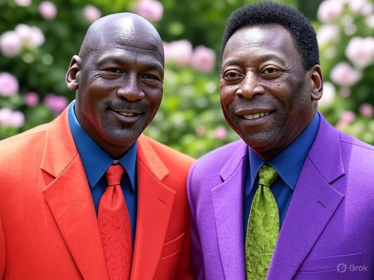 Dois homens sorrindo, lado a lado, usando ternos chamativos — um em vermelho com gravata combinando e o outro em roxo com gravata verde, em um cenário externo com flores desfocadas ao fundo.