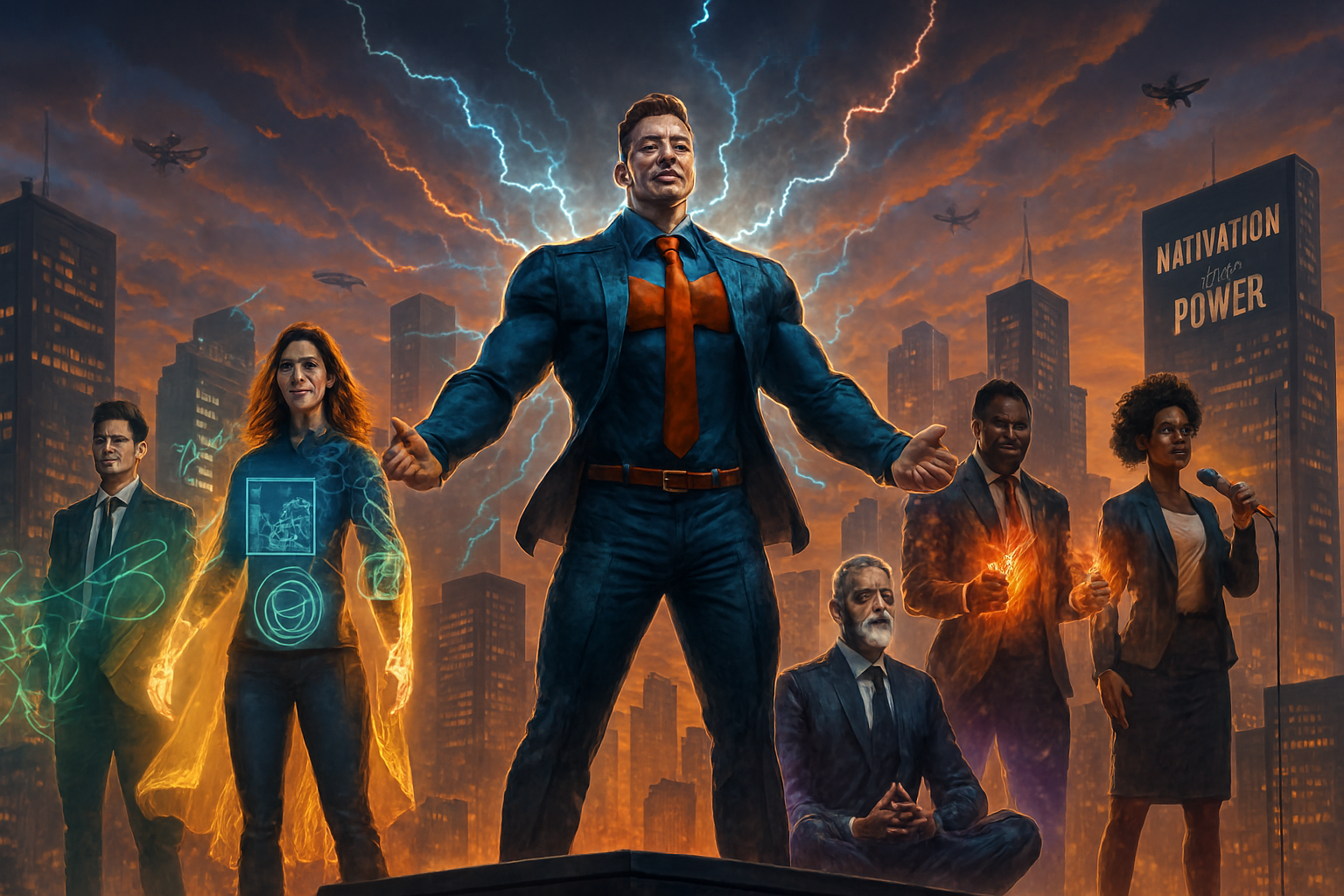 Seis figuras corporativas com aparência de super-heróis estão em um terraço de arranha-céu ao entardecer, cercadas por raios e energia. No centro, um homem energizado em traje executivo emana eletricidade azul e dourada, enquanto outros personagens representam liderança, dados, equilíbrio emocional, ação e comunicação, com a cidade futurista ao fundo.