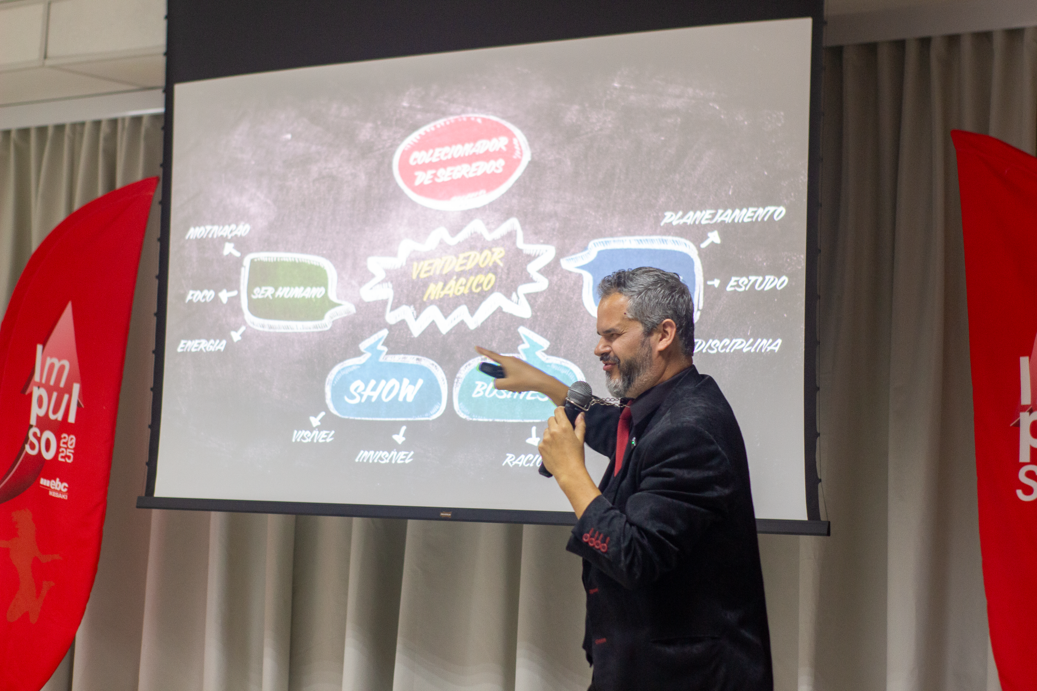 Palestrante gesticulando animadamente diante de um telão com diagrama sobre vendas e performance, durante um treinamento corporativo de alta energia
